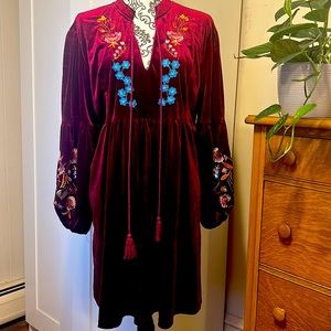 Burgundy Bohemian Embroidered Velvet Dress Size 2XL
